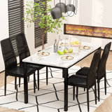 Modern Style 5 Piece Faux Marble Top Dining Table Set With 4 Faux Leather Upholstered Dining Chairs 